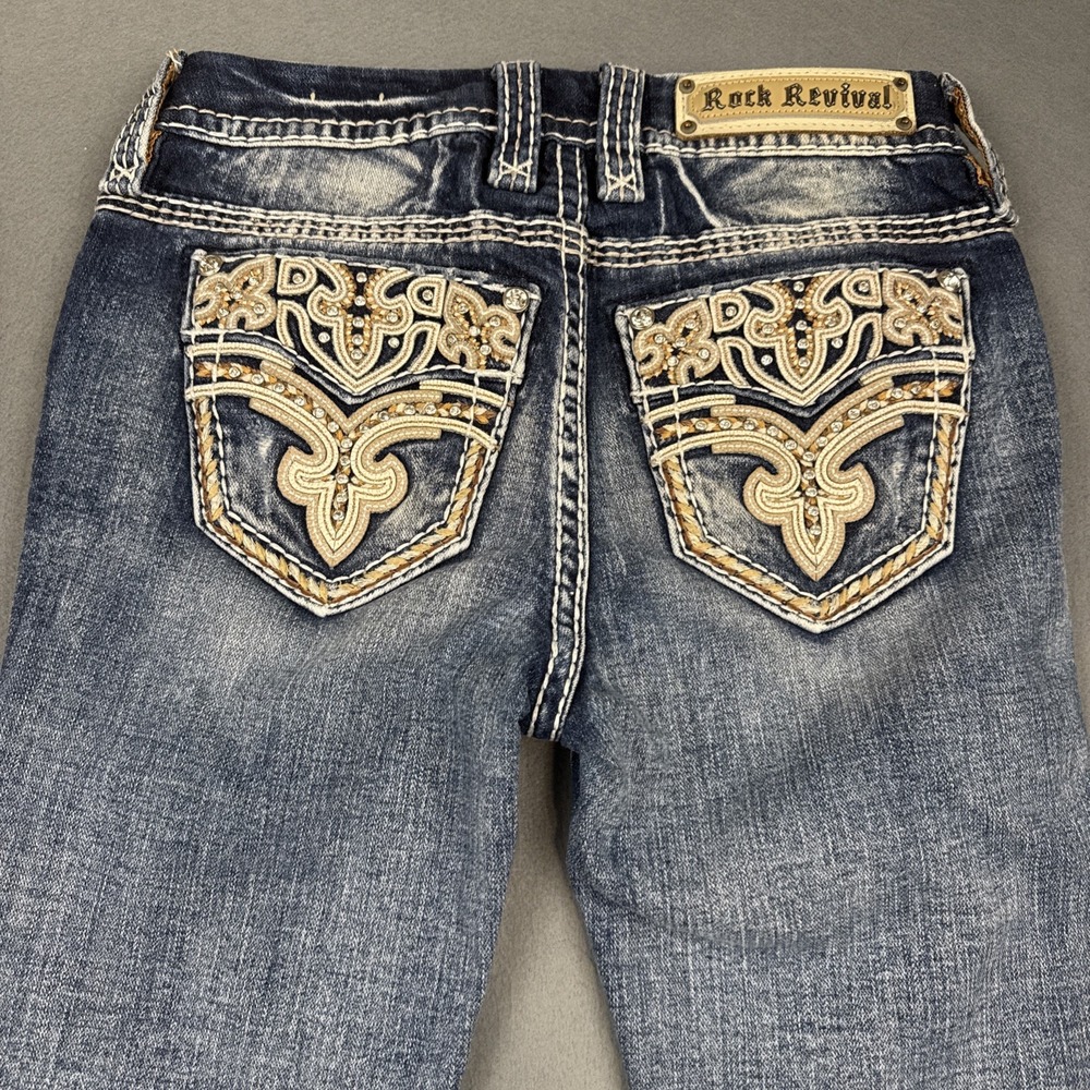 Rock Revival Nuri Jeans Women 25 x 32 Rhinestone THICK STITCH WHISKERING